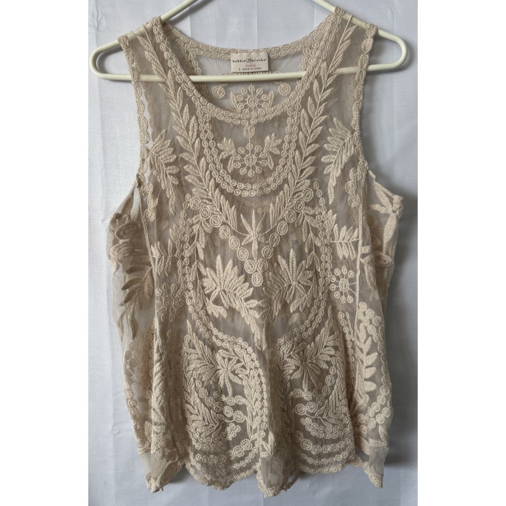 Bobbie Brooks Size L Sleeveless Lace Top‎ See Though Ecru Boho Hippie Festival